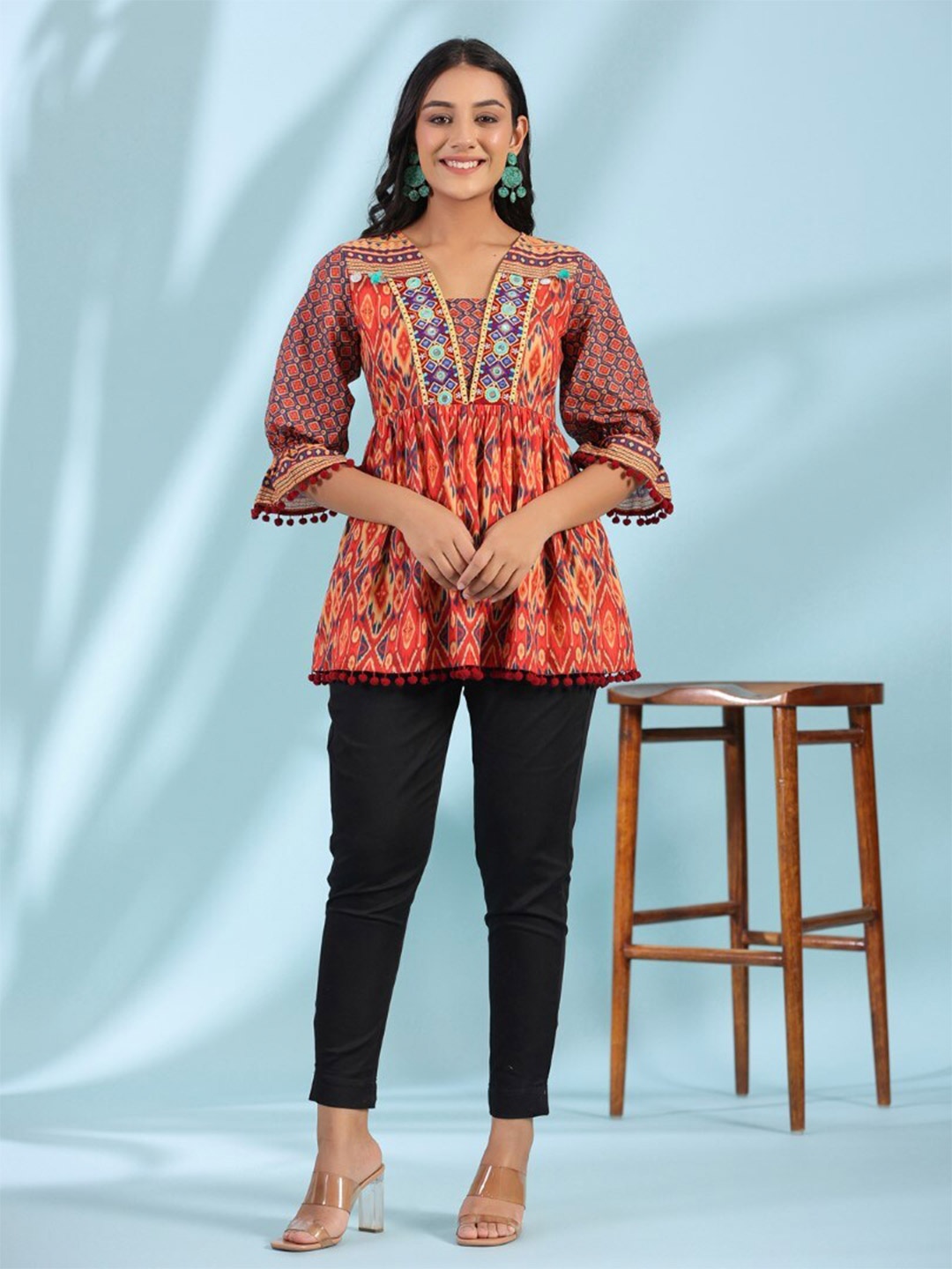 

Juniper Floral Printed Embroidered V-Neck Tunic, Orange