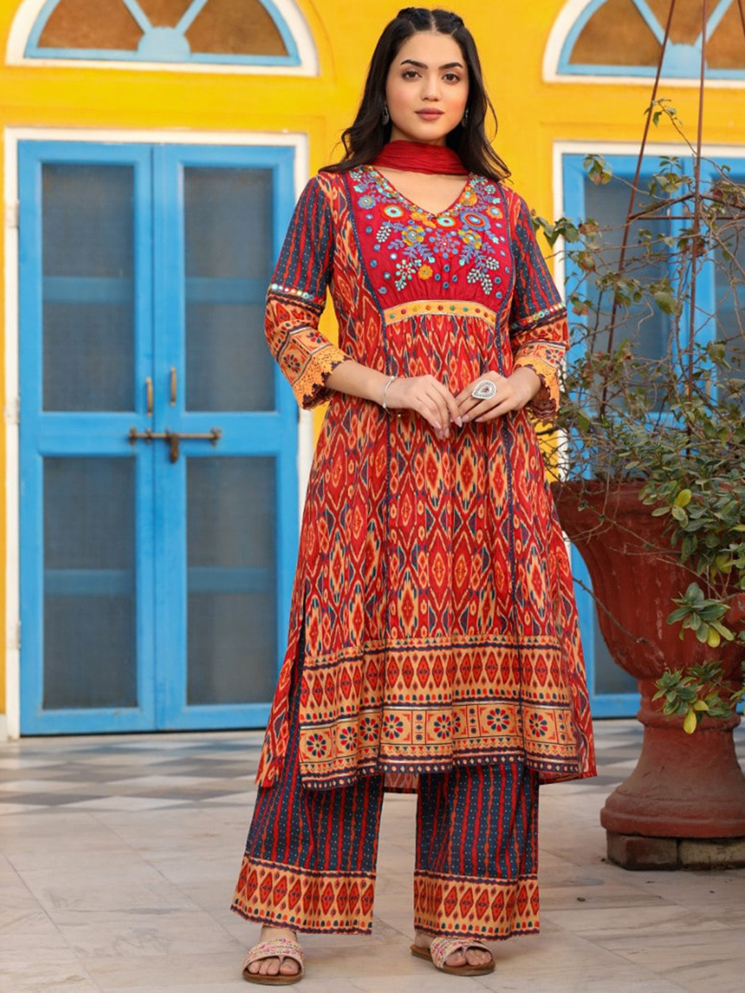 

Juniper Ikat Printed Thread Work Anarkali Kurta With Palazzos & Dupatta, Rust