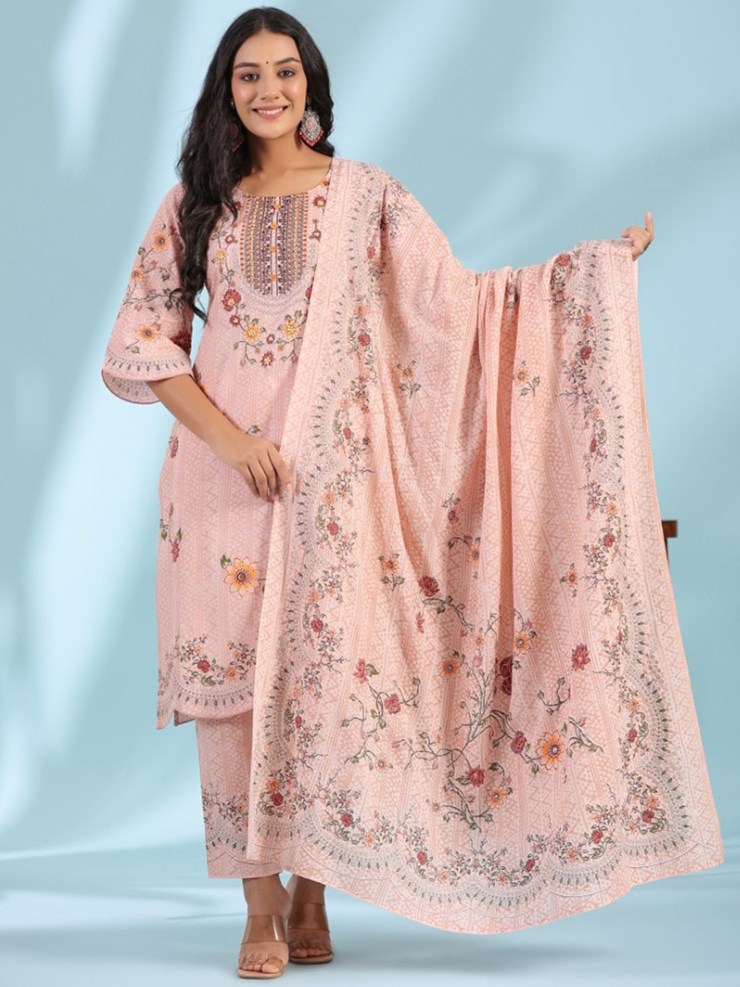 

Juniper Floral Printed Beads Embellished Straight Kurta With Palazzos & Dupatta, Pink