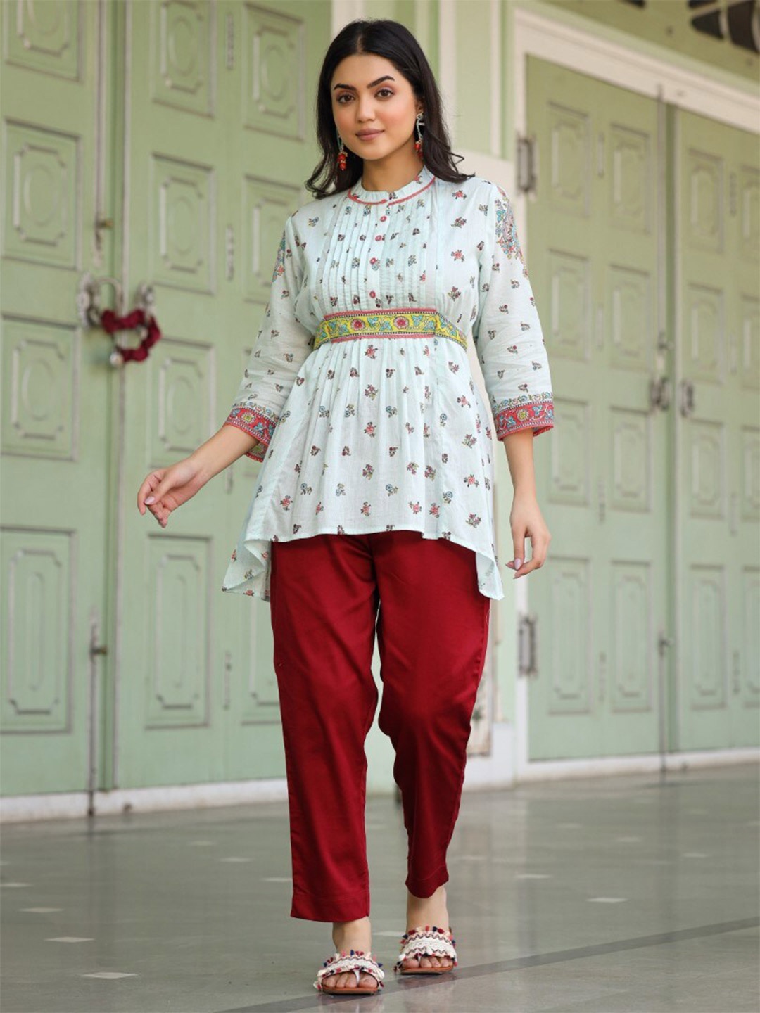 

Juniper Printed Mandarin Collar Peplum Tunic, Blue