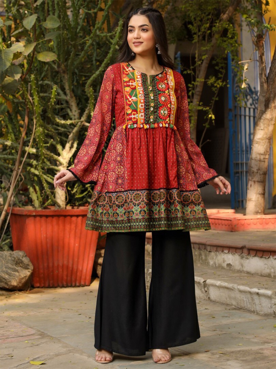 

Juniper Printed Embroidered Ethnic Tunic, Rust
