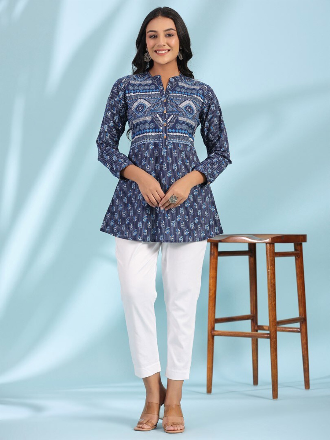 

Juniper Printed Cotton Cambric Ethnic Tunic, Blue