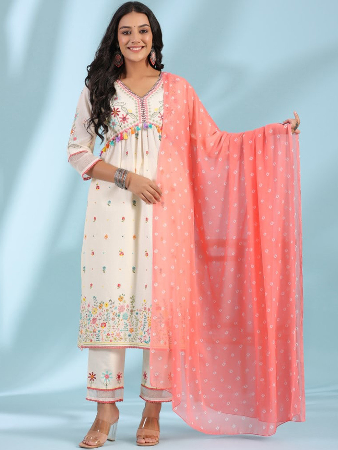 

Juniper Women Ethnic Motifs Printed High Slit Thread Work Kurta with Trousers & With Dupatta, White