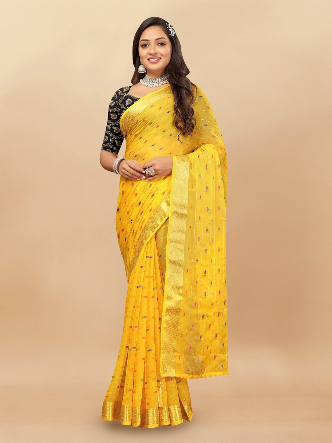 

Aardiva Woven Design Zari Pure Chiffon Saree, Yellow