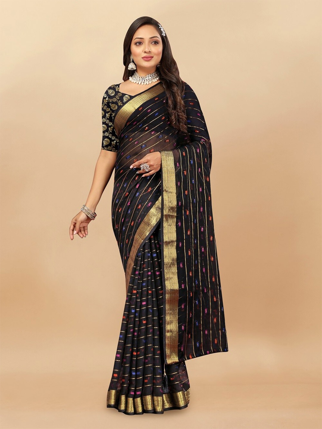 

Aardiva Striped Zari Pure Chiffon Saree, Black