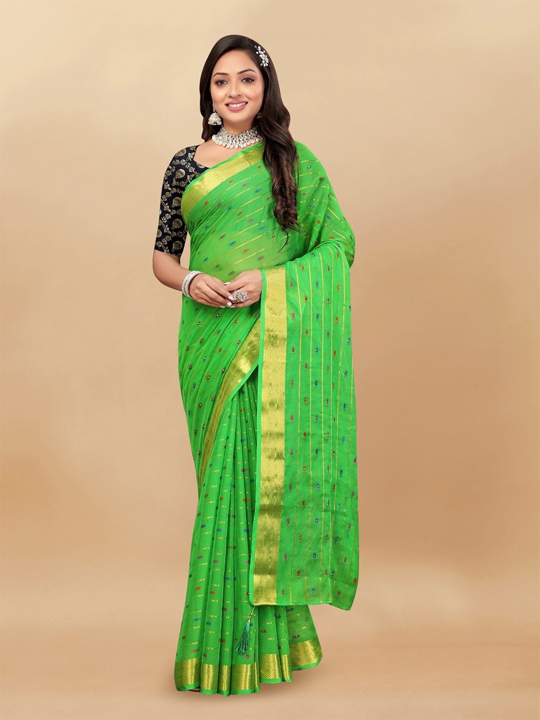 

Aardiva Striped Zari Pure Chiffon Saree, Green