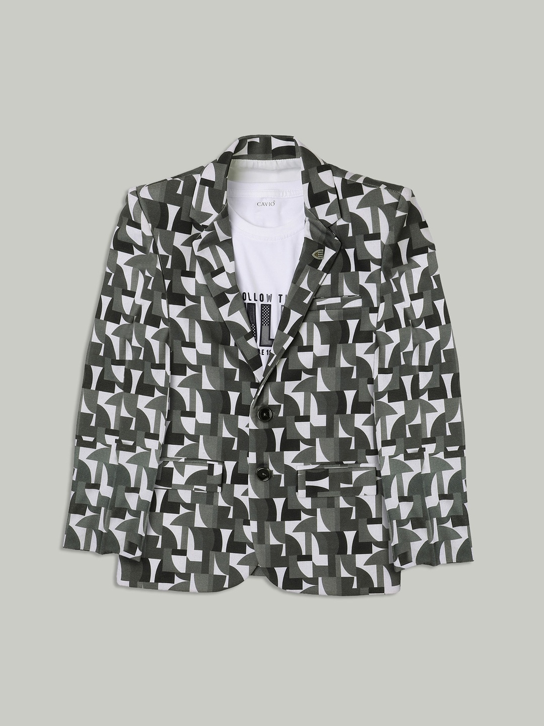 

CAVIO Boys Printed Pure Cotton Single Breasted Blazer With T-Shirt, Grey