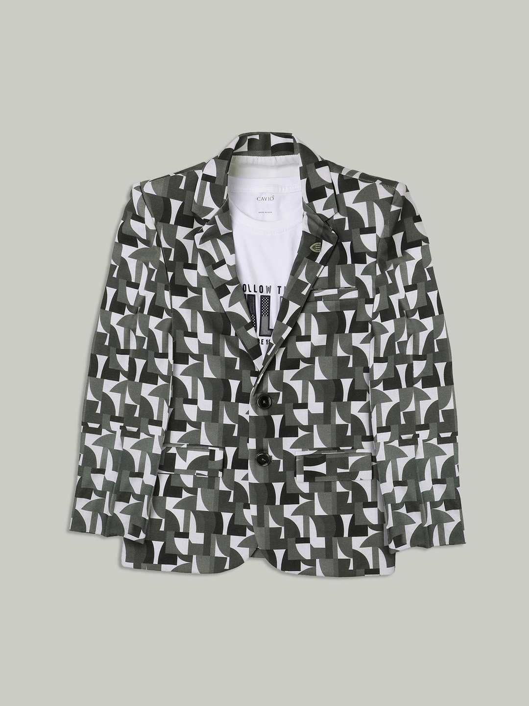 

CAVIO Boys Printed Pure Cotton Single Breasted Blazer With T-Shirt, Grey