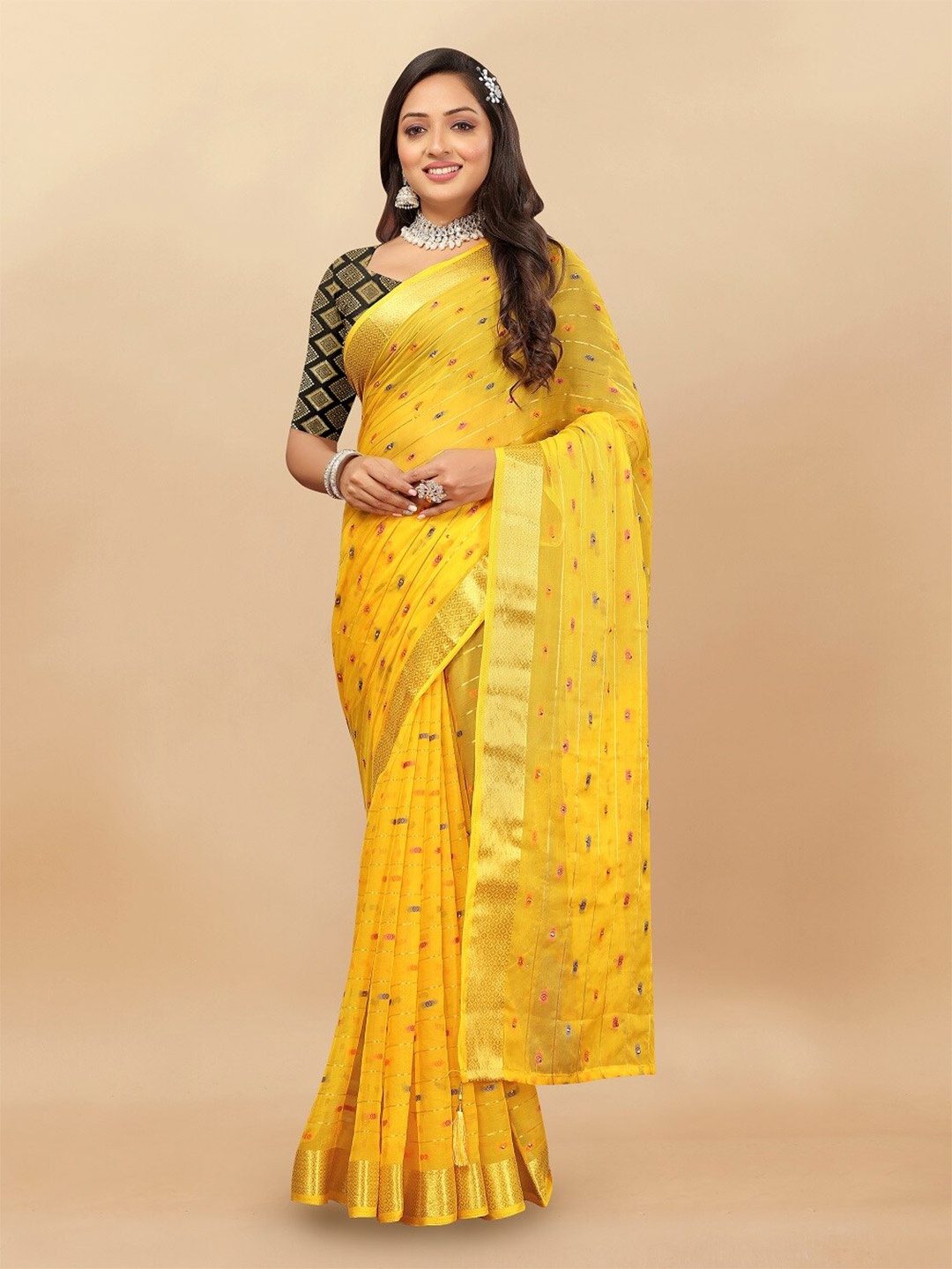 

Aardiva Woven Design Zari Pure Chiffon Saree, Yellow