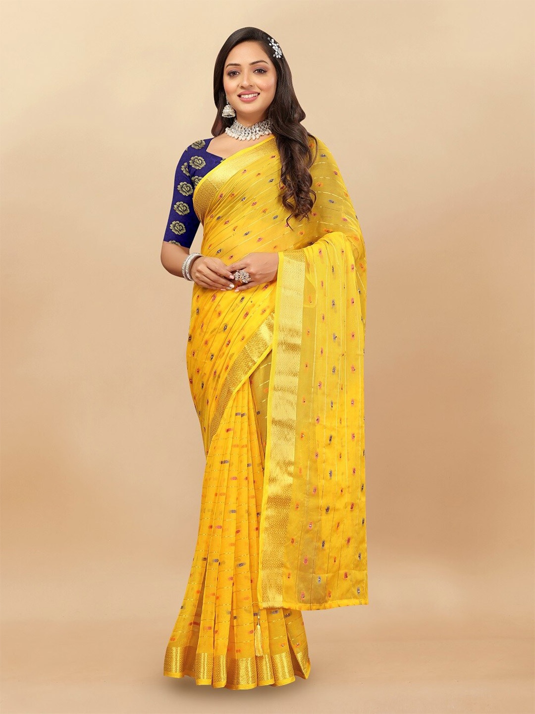 

Aardiva Striped Woven Design Zari Pure Chiffon Saree, Yellow