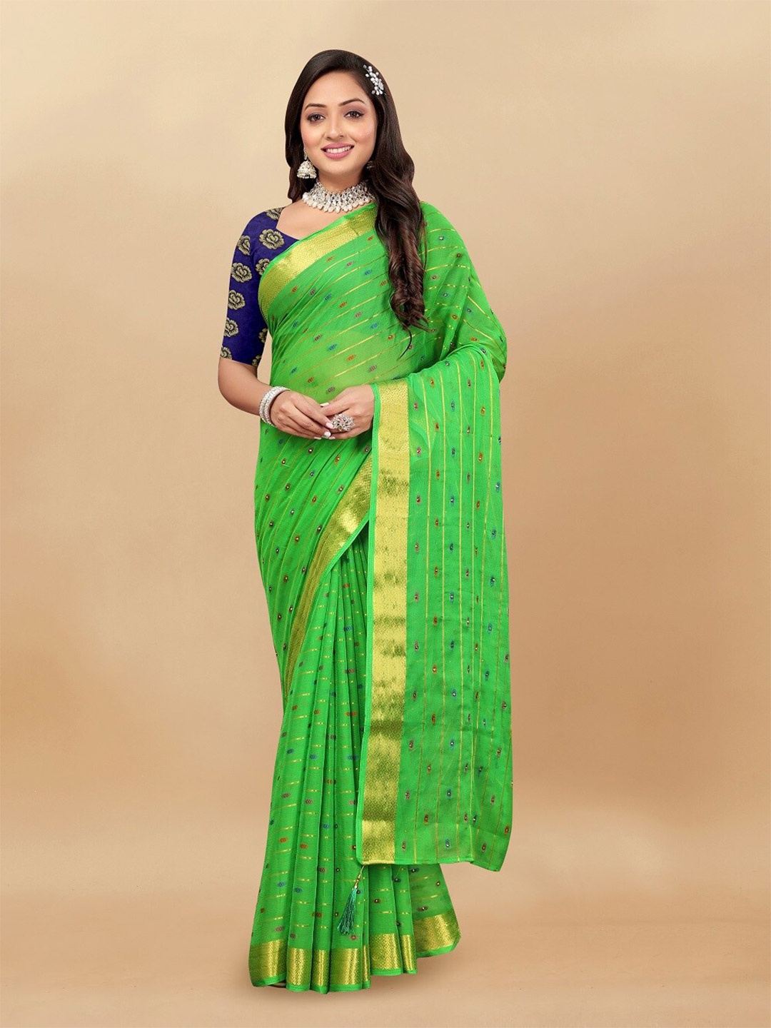 

Aardiva Striped Woven Design Zari Pure Chiffon Saree, Green