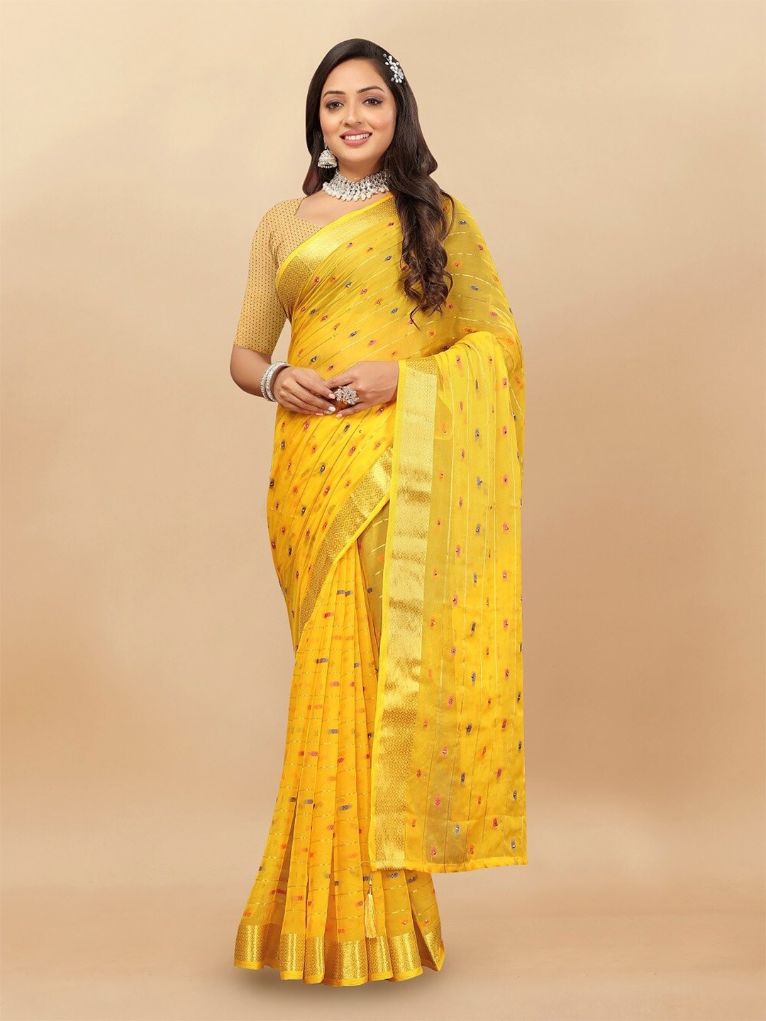 

Aardiva Woven Design Zari Pure Chiffon Saree, Yellow