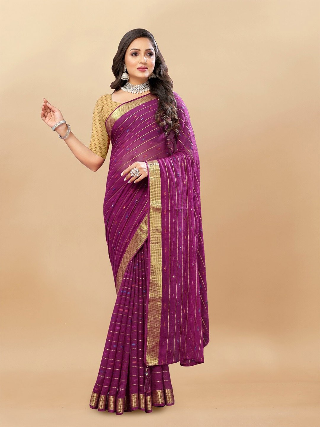 

Aardiva Woven Design Zari Pure Chiffon Saree, Purple