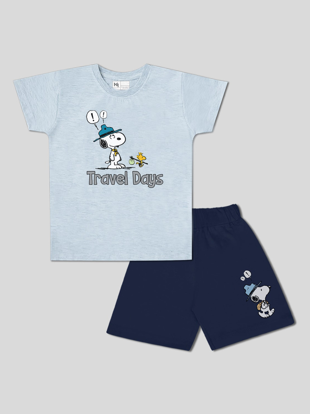 

Minute Mirth Boys Snoopy Printed Pure Cotton T-shirt with Shorts, Grey