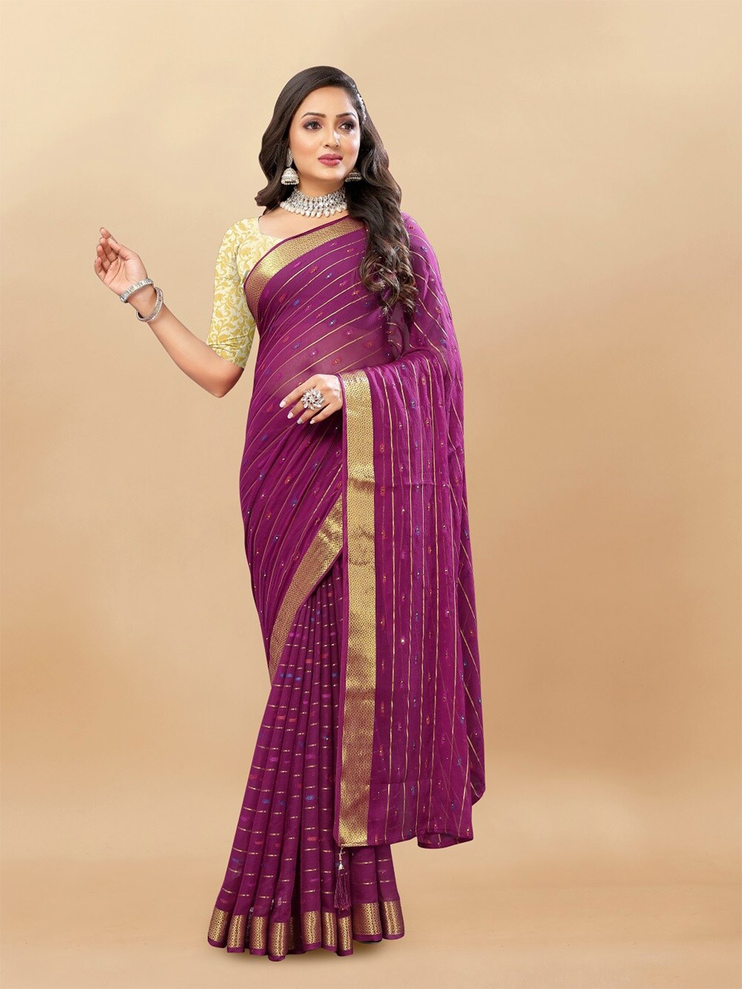 

Aardiva Woven Design Zari Pure Chiffon Saree, Purple