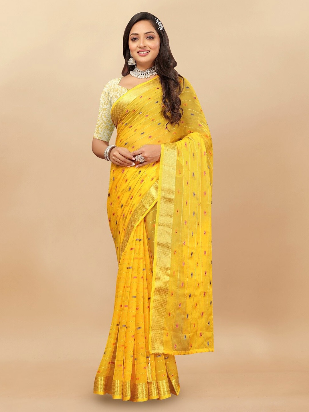 

Aardiva Woven Design Zari Pure Chiffon Saree, Yellow