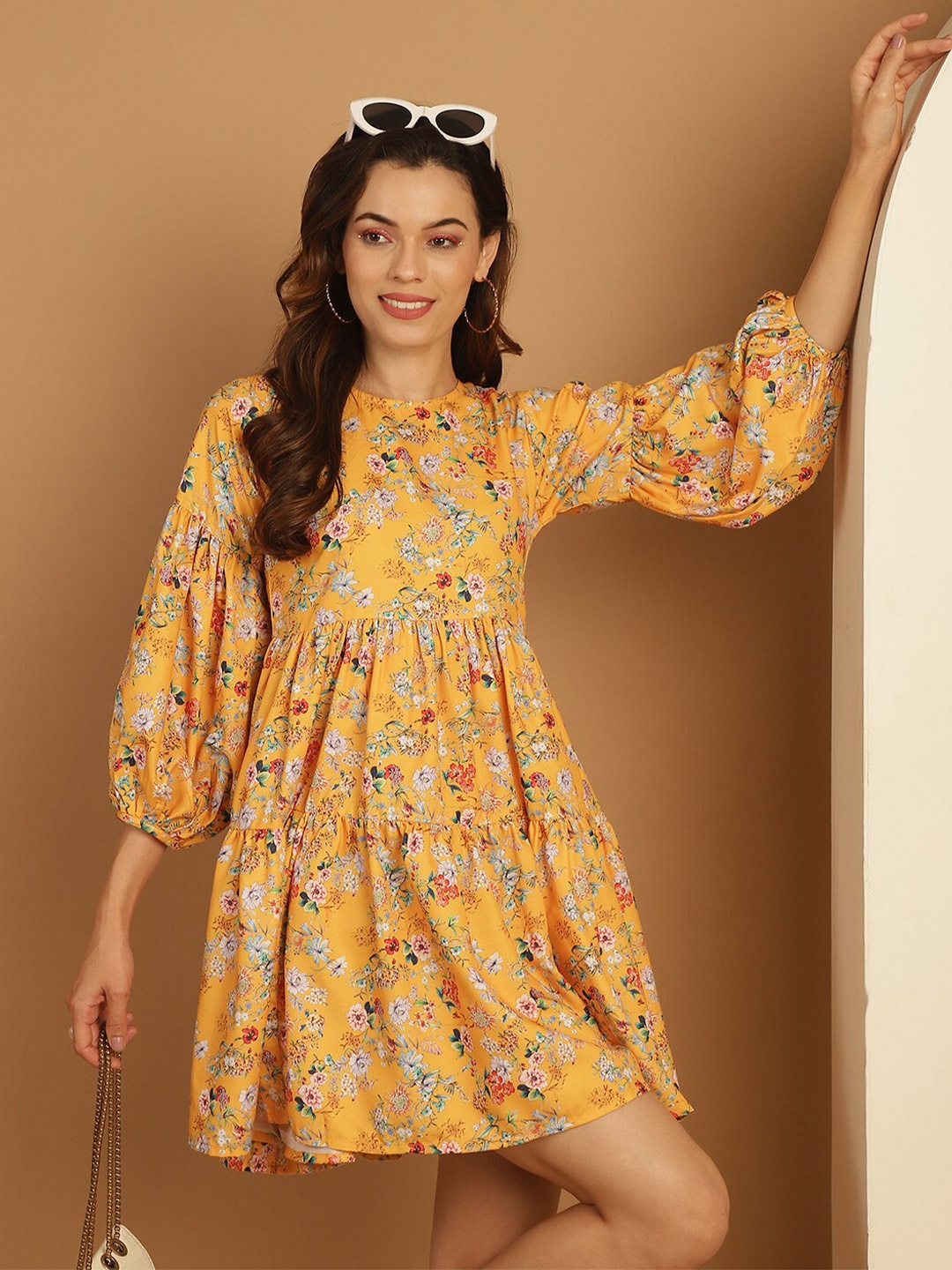 

Indian Needle Floral Printed Puff Sleeves Gathered or Pleated A-Line Dress, Yellow