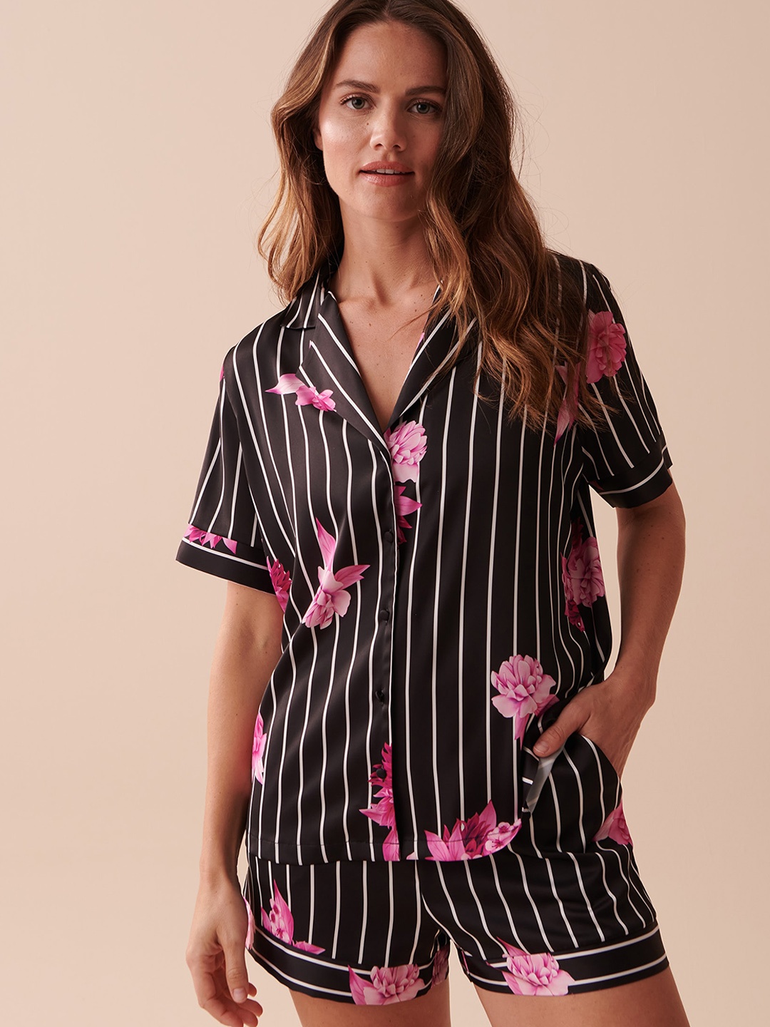 

La Vie en Rose Striped Lounge Shirt, Black