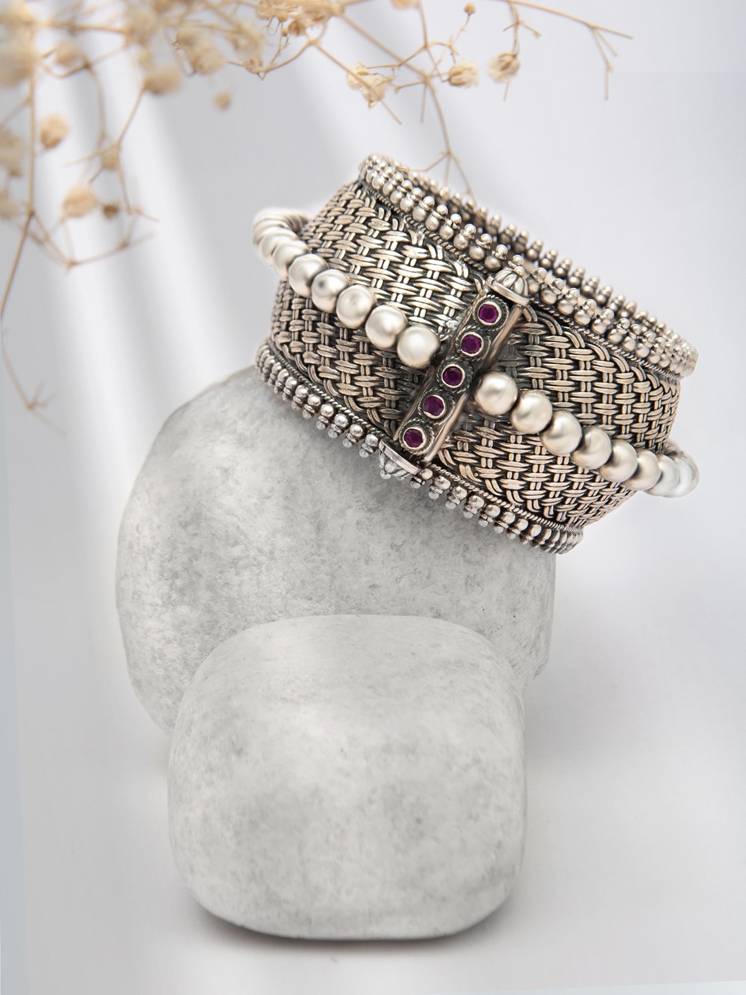 

Neeta Boochra 925 Sterling Silver Rhodium-Plated Bangle With Pink Ruby