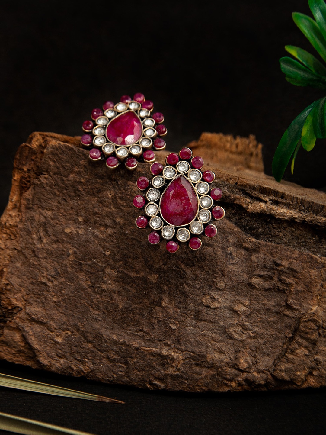 

Neeta Boochra Silver-Plated 925 Sterling Silver Ruby Studs Earrings