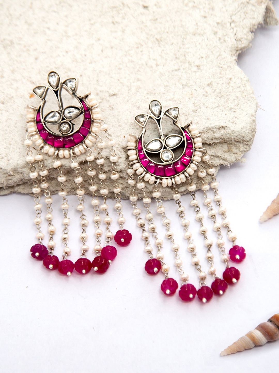 

Neeta Boochra 925 Sterling Silver Stone And Beaded Contemporary Drop Earrings, Red