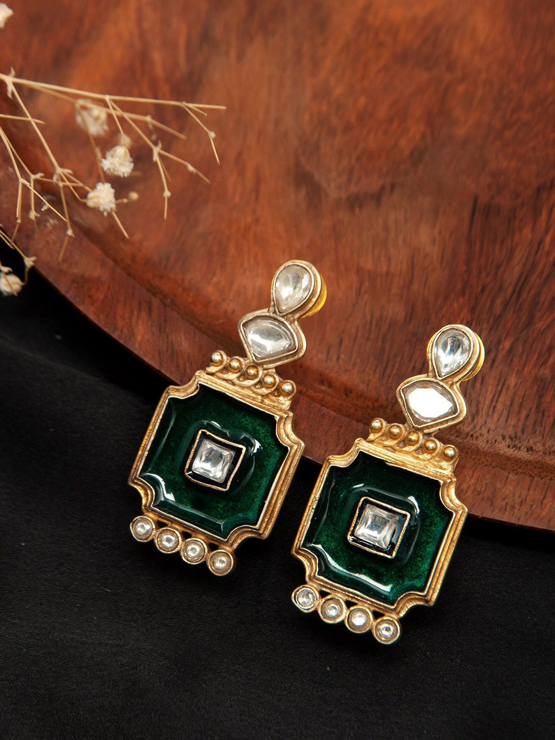 

Neeta Boochra 925 Sterling Silver 22K Gold Plated Contemporary Drop Earrings, Green