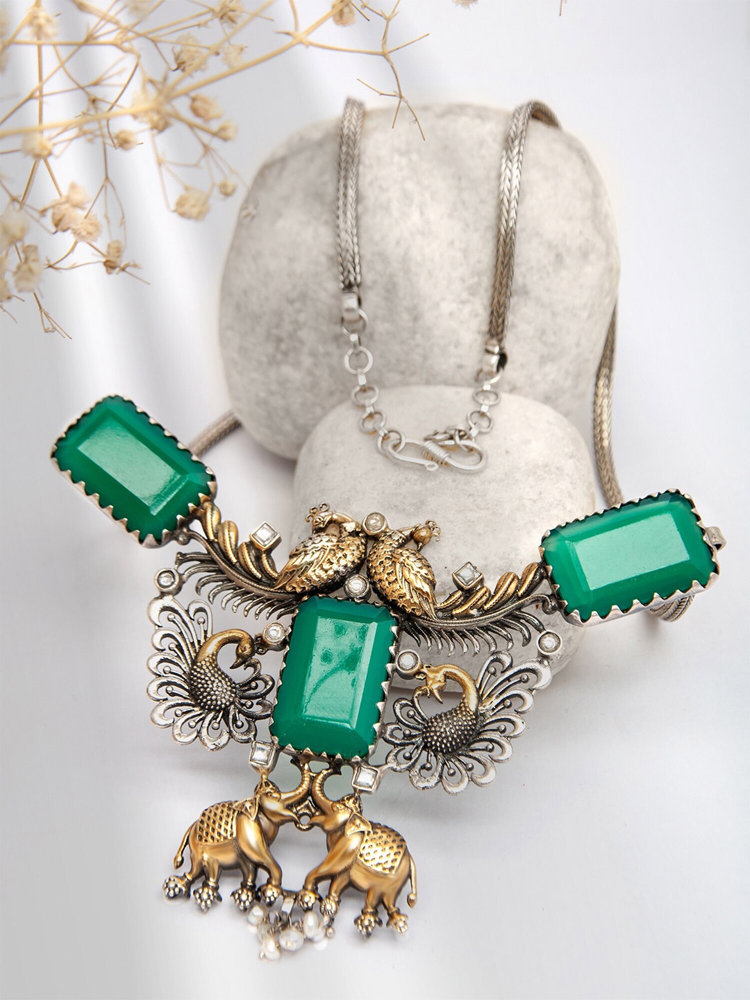 

Neeta Boochra 925 Sterling Silver Gold-Plated Necklace, Green