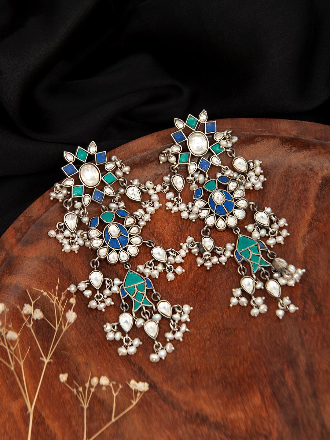 

Neeta Boochra 925 Sterling Silver-Plated Kundan Studded Contemporary Drop Earrings