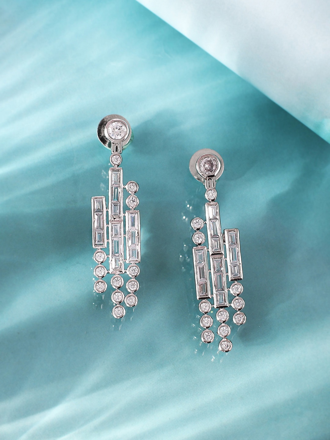 

Voylla Rhodium-Plated Cubic Zirconia Studded Drop Earrings, Silver