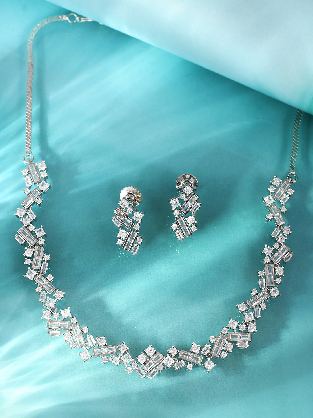 

Voylla Rhodium-Plated CZ-Studded Jewellery Set, Silver