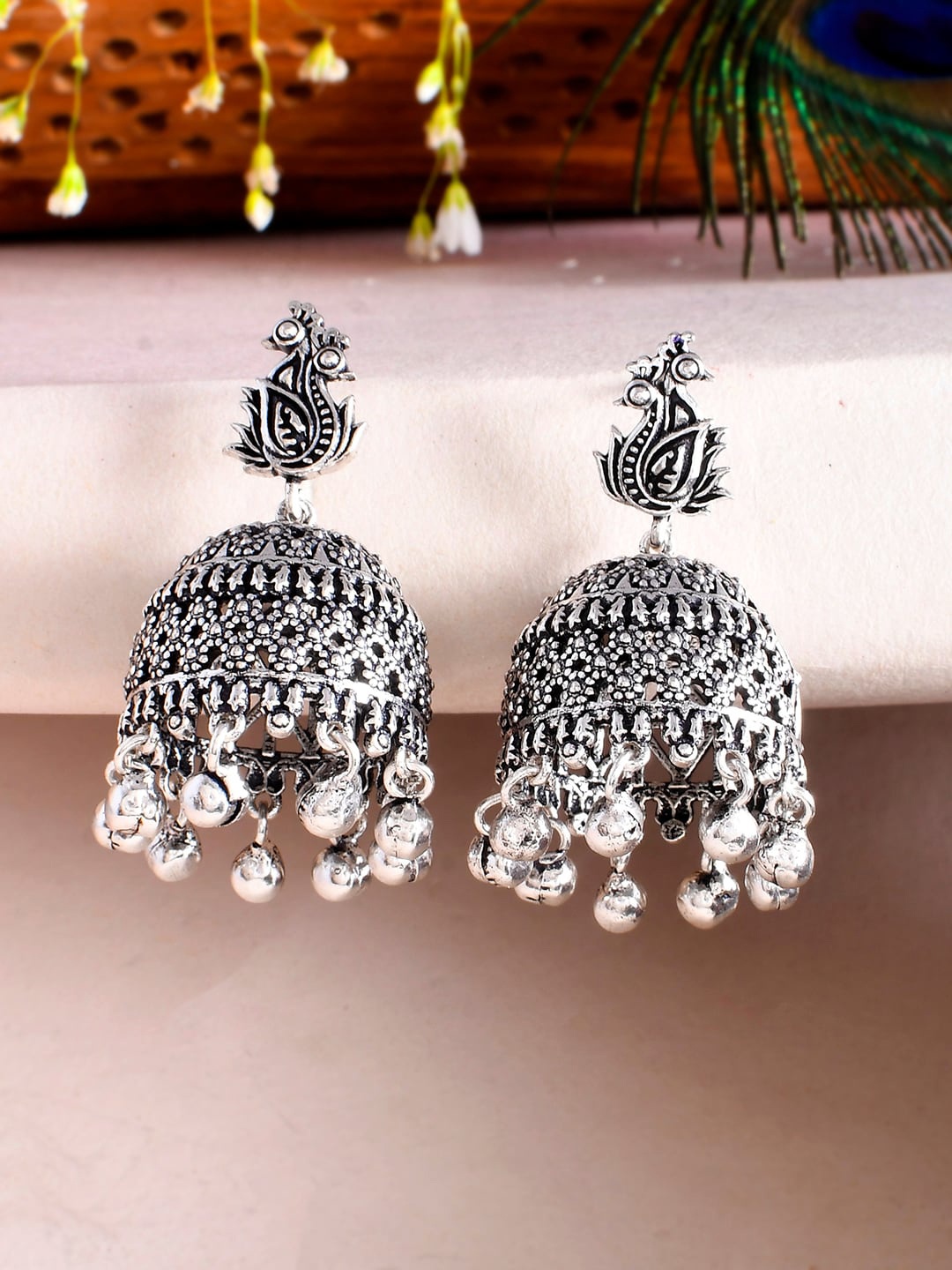 

Voylla Silver-Plated Peacock Shaped Jhumkas