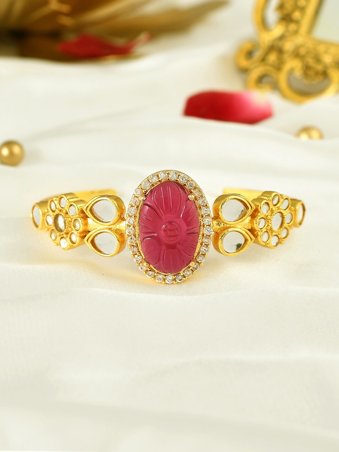 

Voylla Women Brass Kundan Studded Gold-Plated Cuff Bracelet
