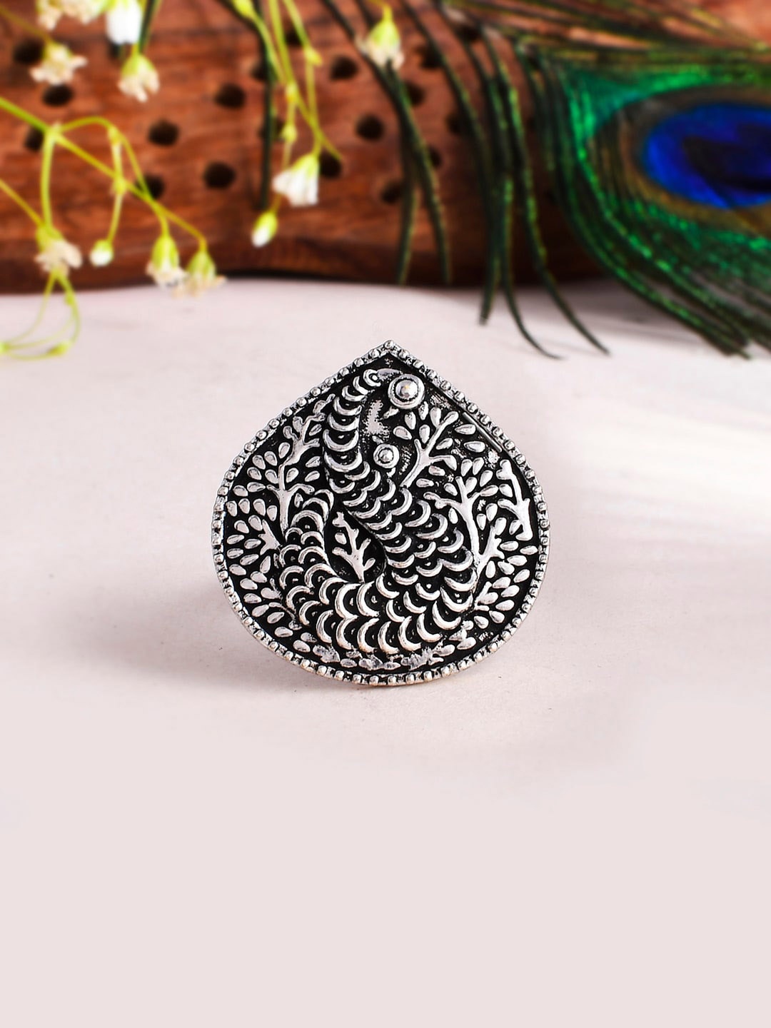 

Voylla Silver-Plated Morni Mayil Adjustable Finger Ring