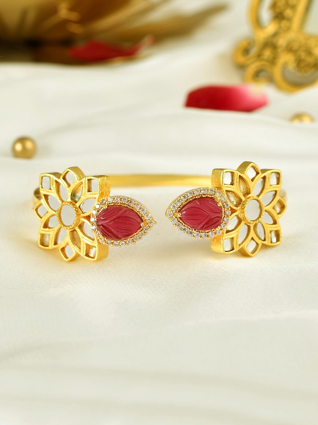 

Voylla Women Brass Kundan Studded Gold-Plated Cuff Bracelet