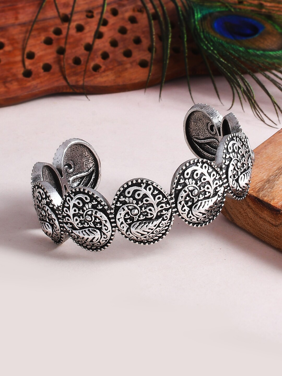 

Voylla Women Brass Oxidised Silver-Plated Cuff Bracelet