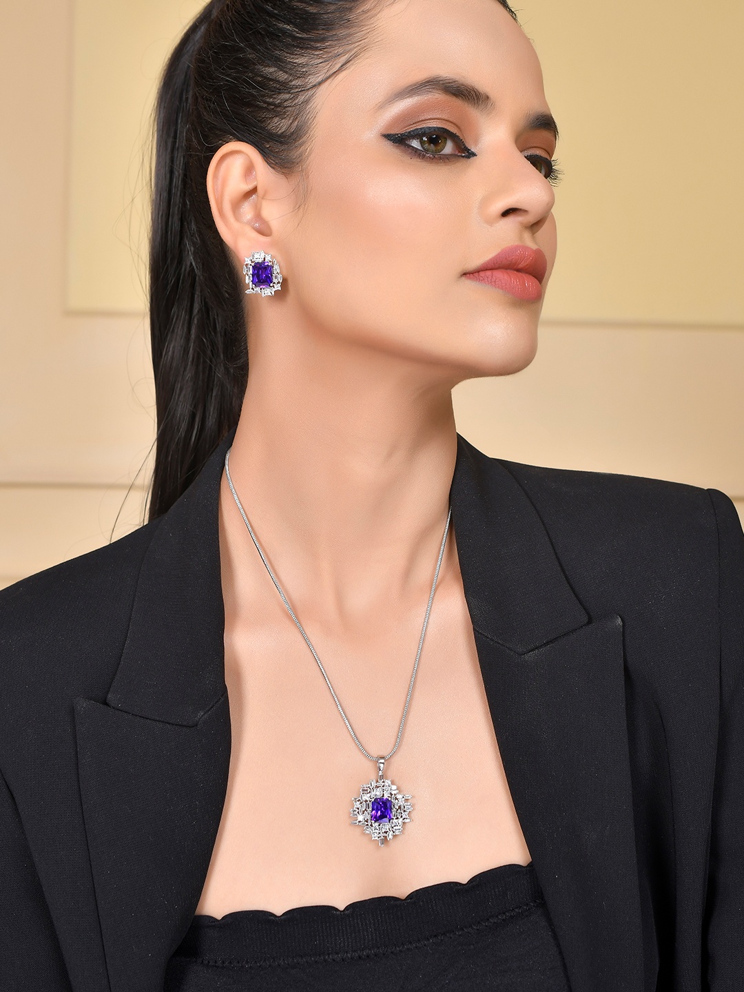 

Voylla Rhodium-Plated CZ-Studded Jewellery Set, Silver