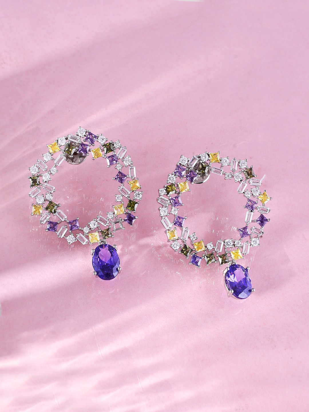 

Voylla Rhodium-Plated Cubic Zirconia Studded Drop Earrings, Silver