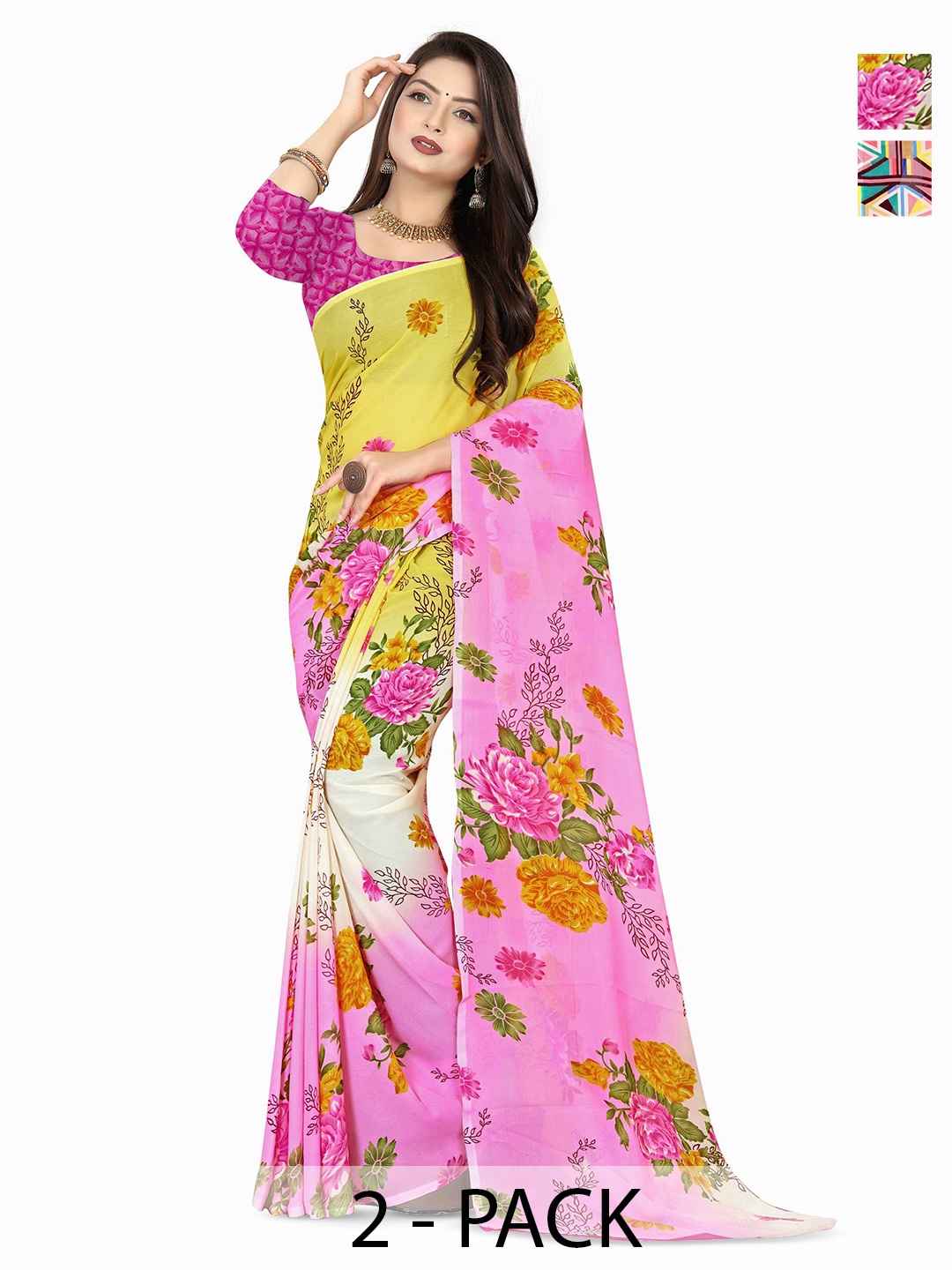 

ANAND SAREES Selection Of 2 Floral Sarees, Yellow