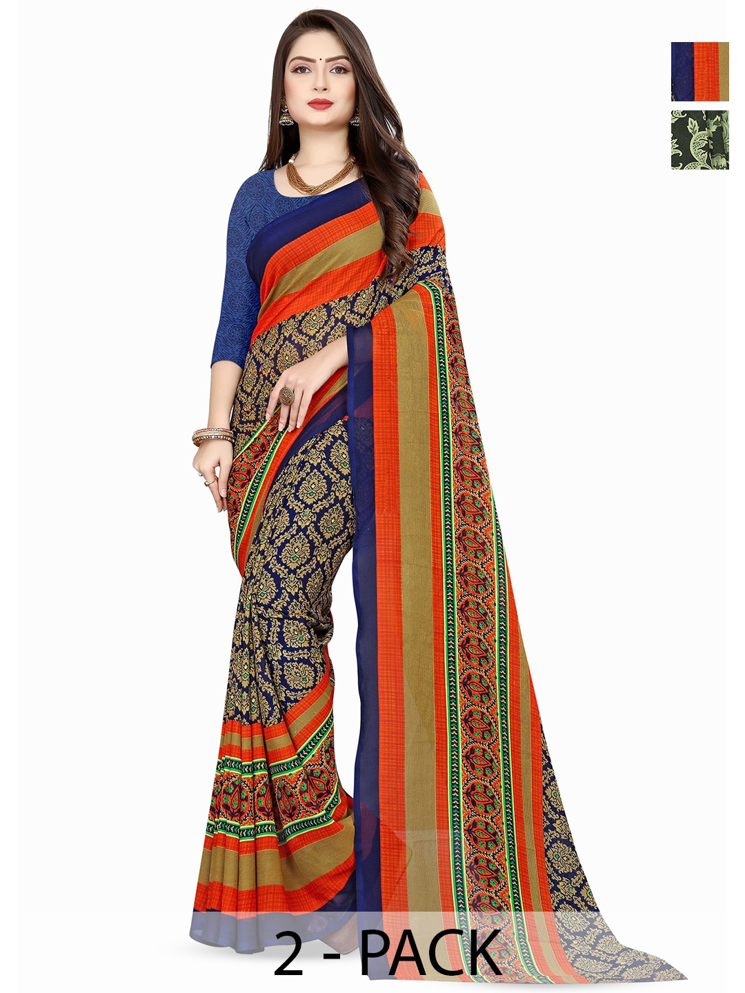 

ANAND SAREES Selection Of 2 Floral Sarees, Orange