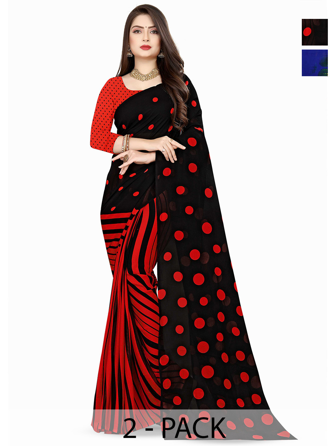 

ANAND SAREES Selection Of 2 Polka Dot Saree, Red