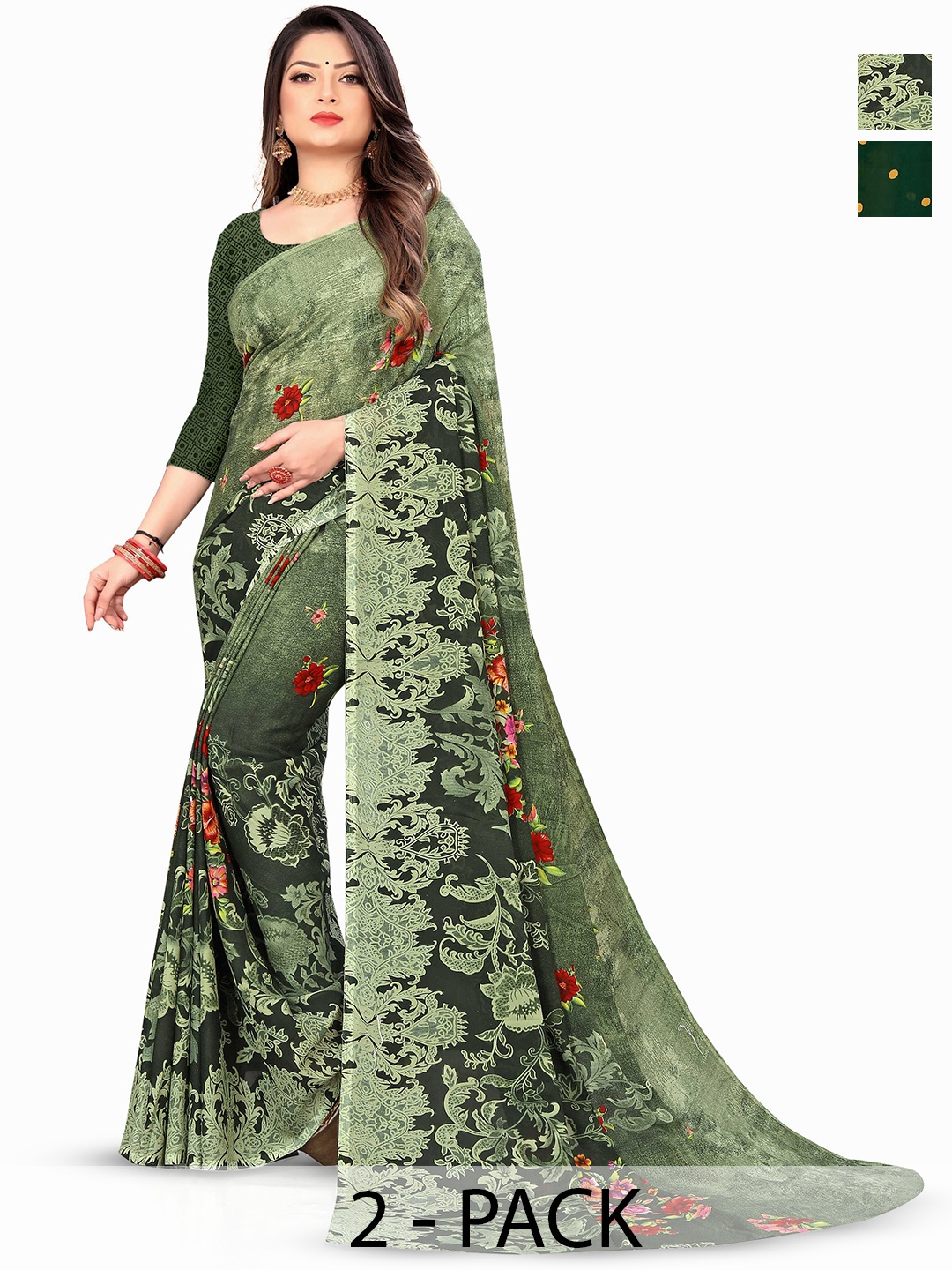 

ANAND SAREES Selection Of 2 Polka Dot Printed Sarees, Green