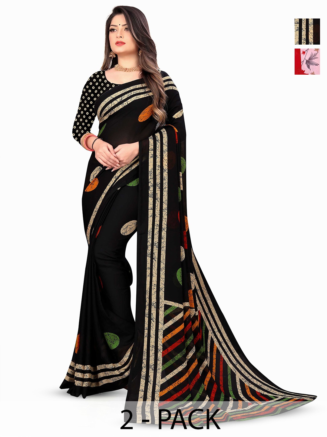 

ANAND SAREES Selection Of 2 Floral Printed Sarees, Pink