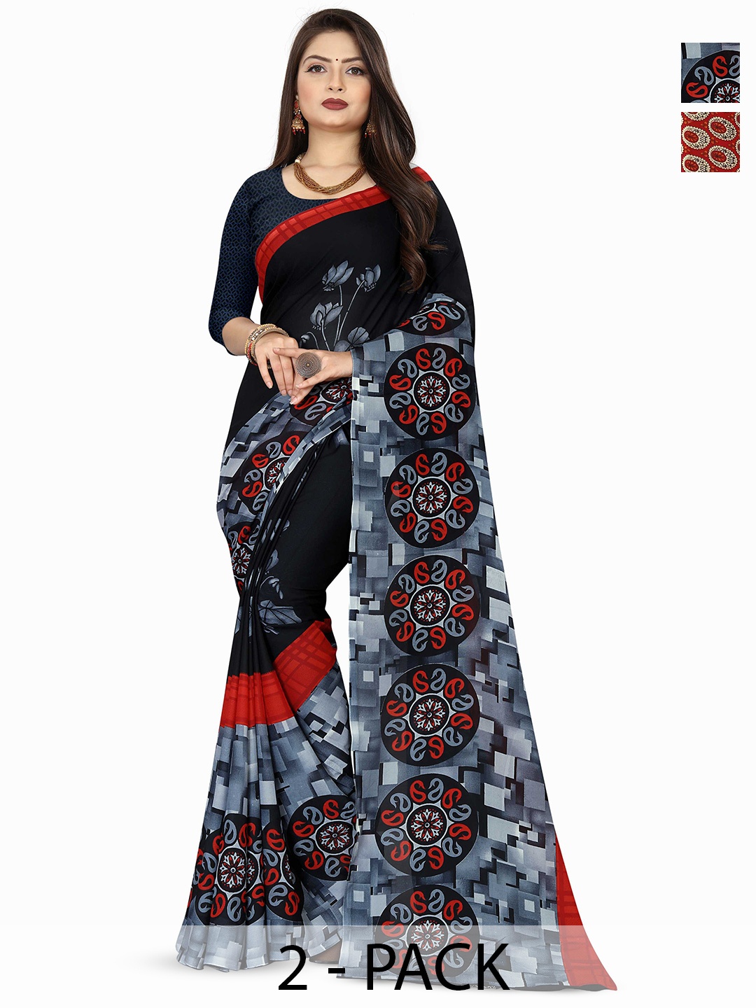 

ANAND SAREES Selection Of 2 Ethnic Motifs Printed Sarees, Grey