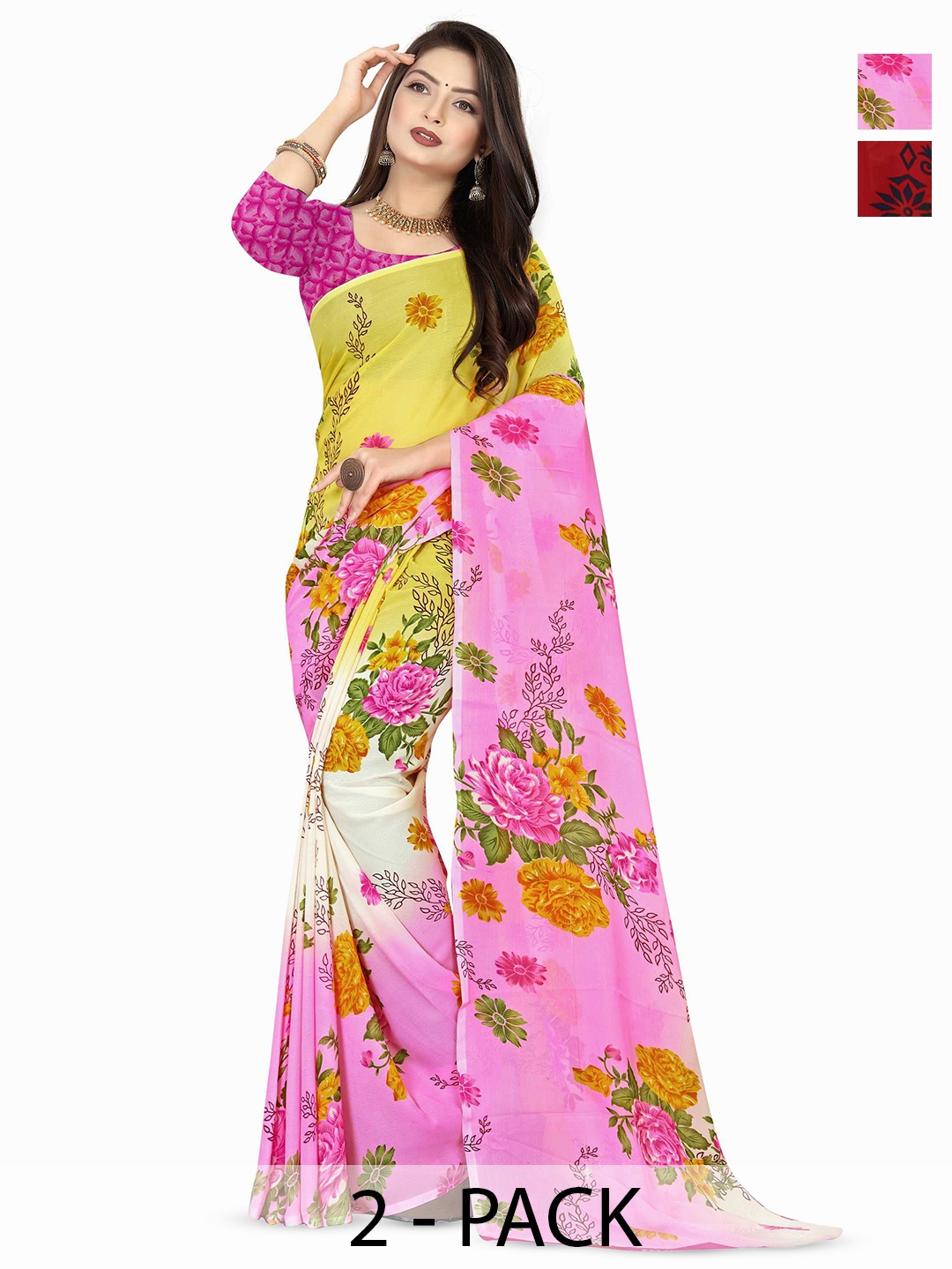 

ANAND SAREES Selection Of 2 Floral Printed Sarees, Red