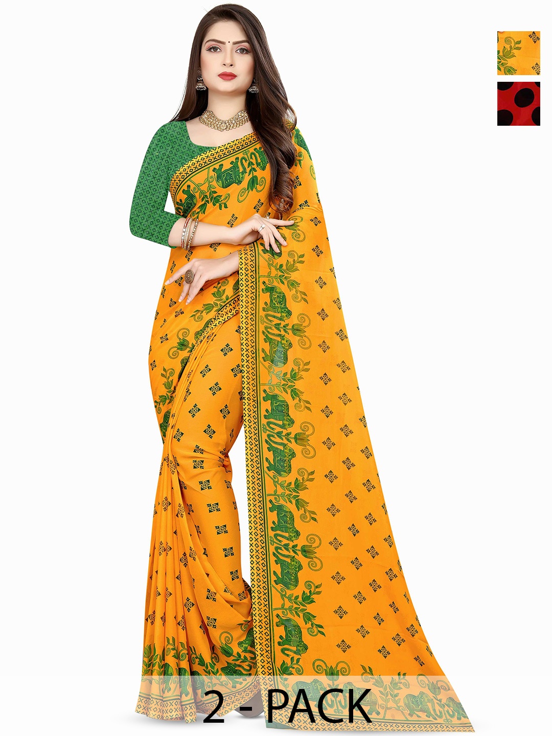 

ANAND SAREES Selection Of 2 Floral Printed Sarees, Red