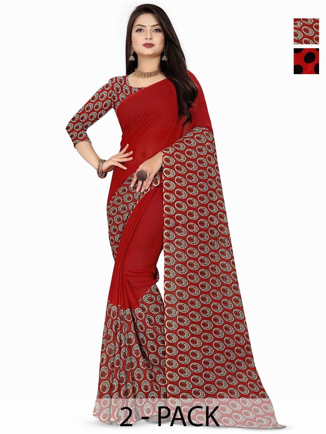 

ANAND SAREES Selection Of 2 Polka Dot Printed Sarees, Red