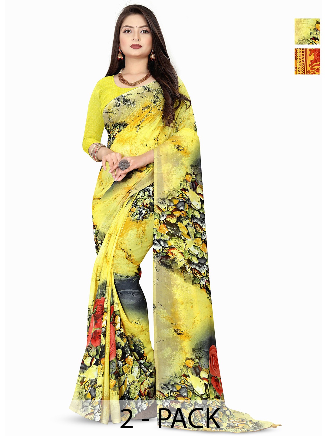 

ANAND SAREES Selection Of 2 Ethnic Motifs Printed Sarees, Yellow