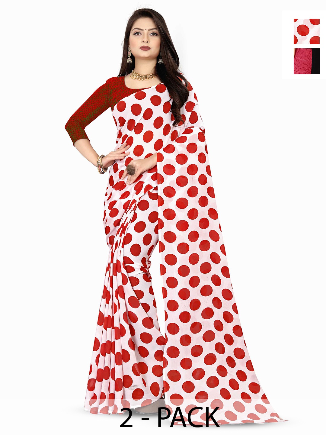 

ANAND SAREES Selection of 2 Polka Dot Sarees, White