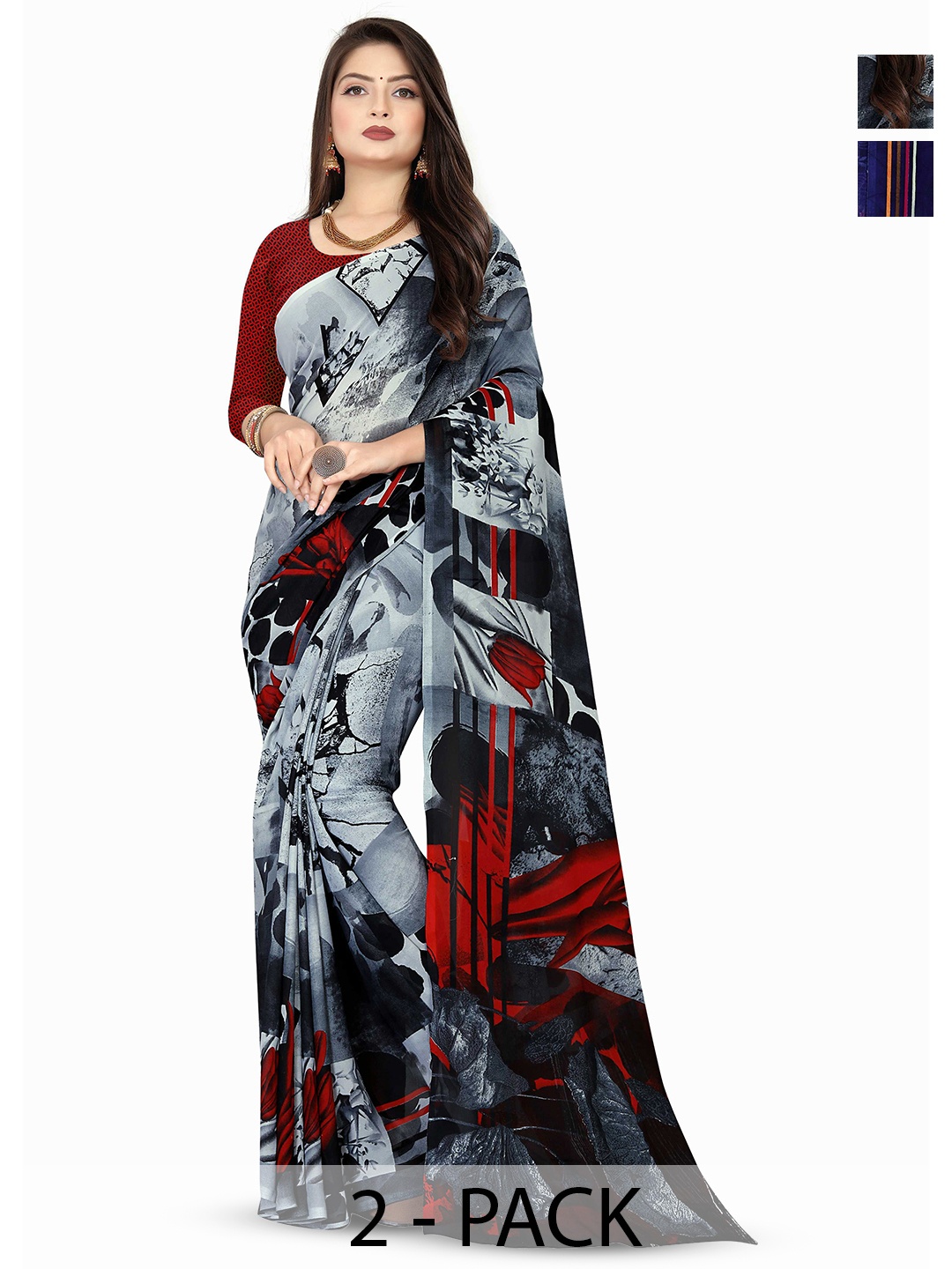 

ANAND SAREES Selection of 2 Floral Printed Sarees, Black