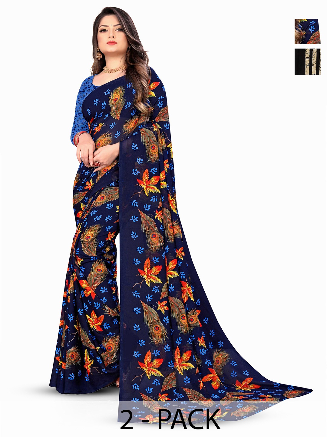 

ANAND SAREES Selection of 2 Floral Printed Sarees, Blue
